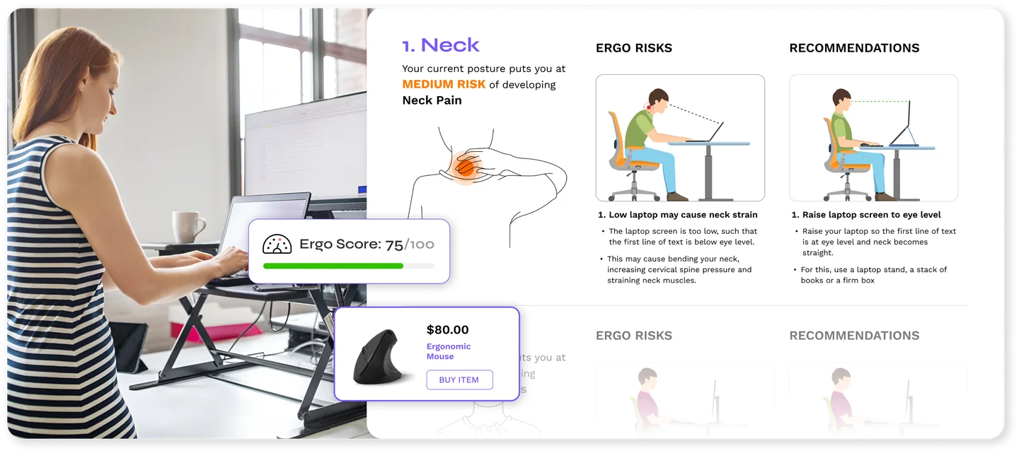 BalanceFlo Office dashboard showing risk trends, an ergonomics score, and postural analysis.