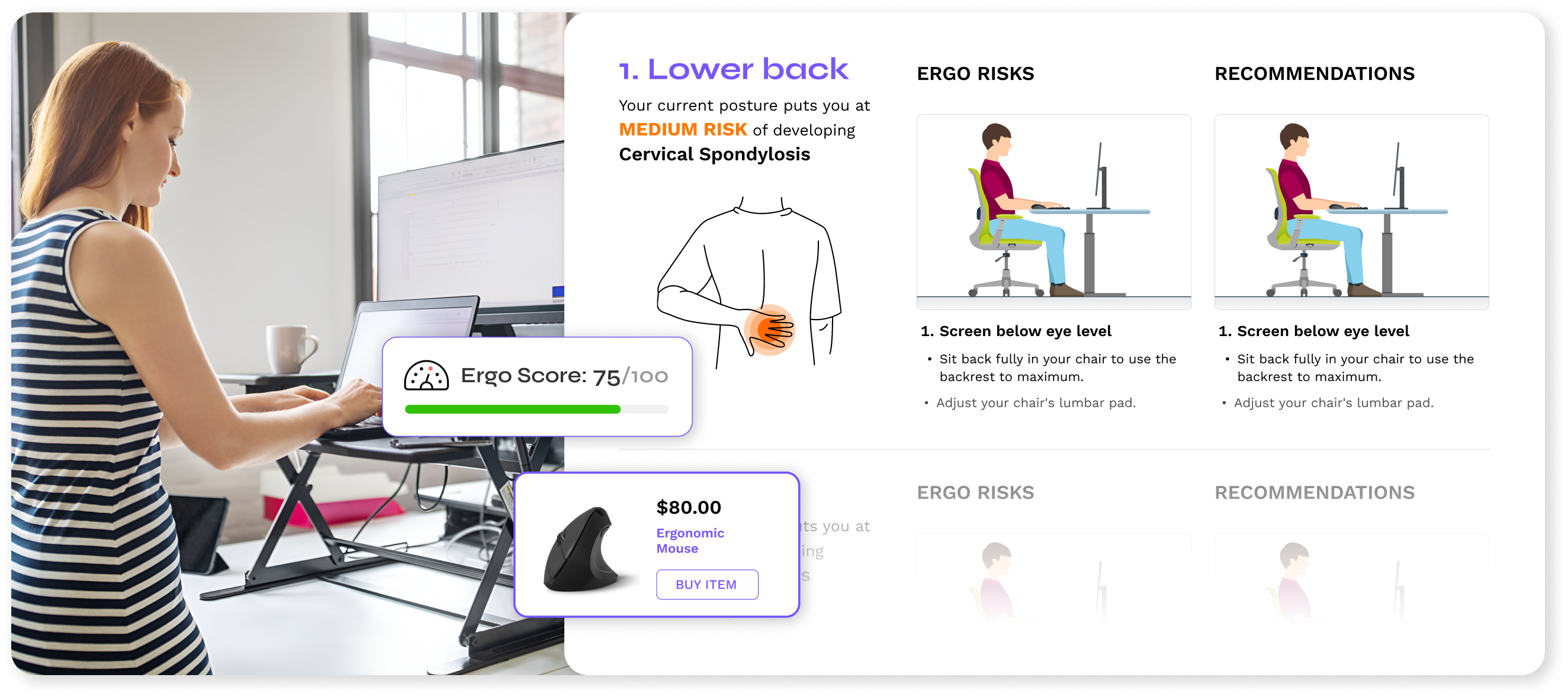 BalanceFlo Office dashboard showing risk trends, an ergonomics score, and postural analysis.