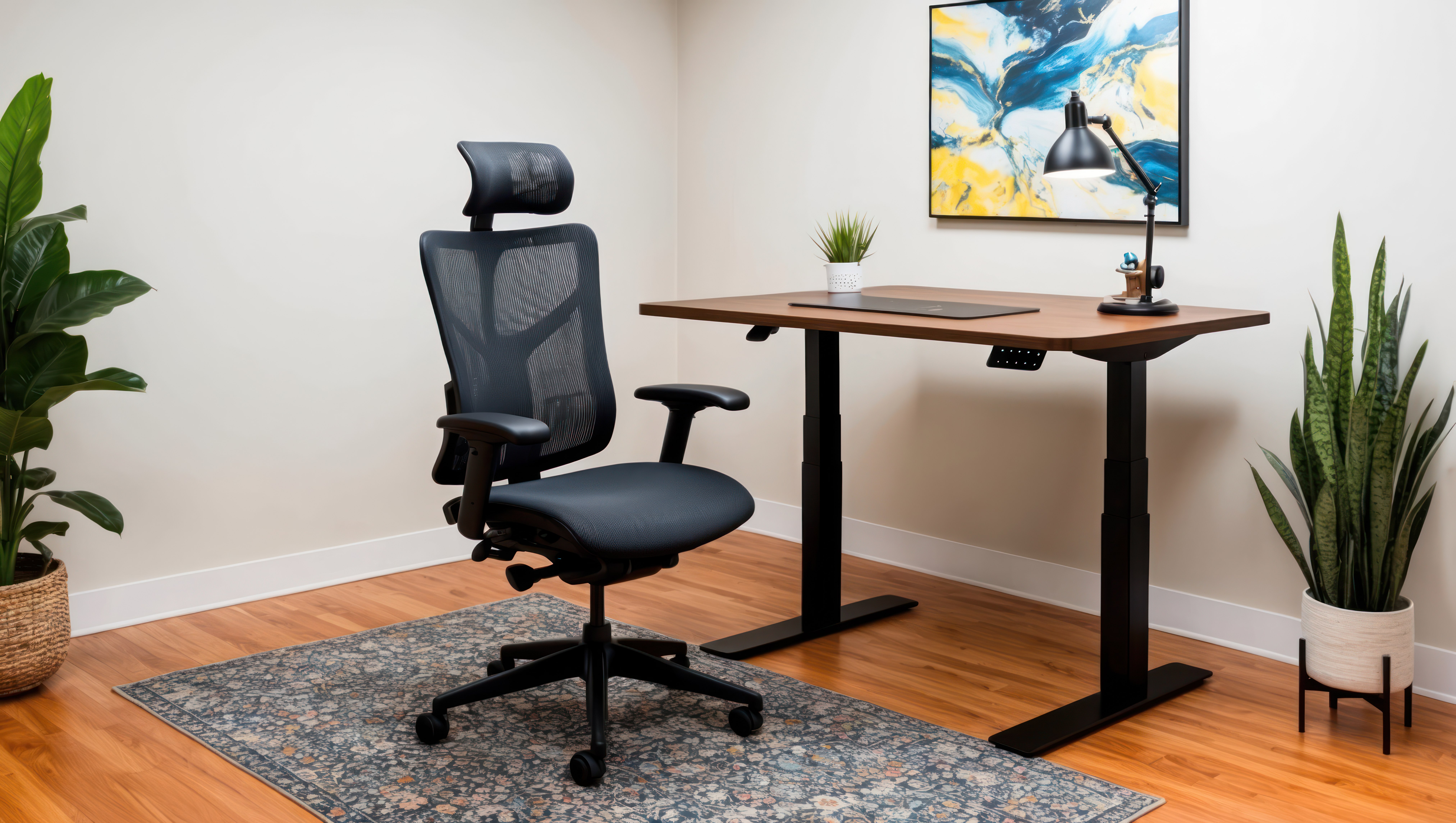 Ergonomic office chair and sit-stand desk in a workstation setting
